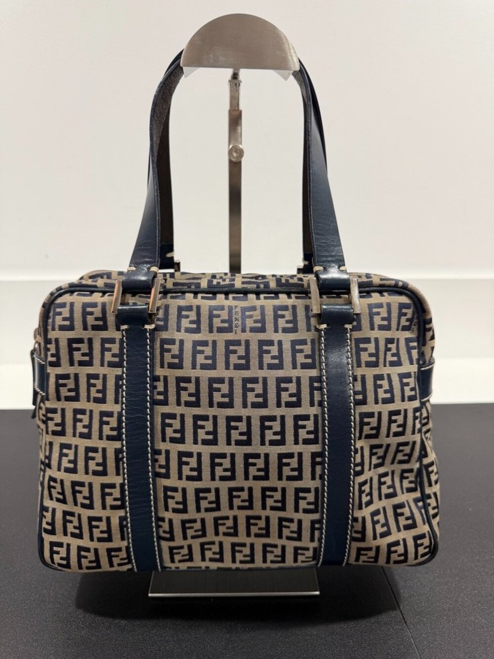 Vintage Fendi Zucchino FF Monogram Boston Bag Navy Beige Canvas Leather (JB1599)